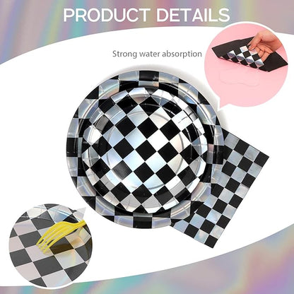 96pcs Disposable Checkerboard Pattern Tableware Set Black and White Kids Birthday Party Paper Plates Round for 24 Guests Table Supplies Picnic Tea Party (Include Plates, Cups and Napkins)