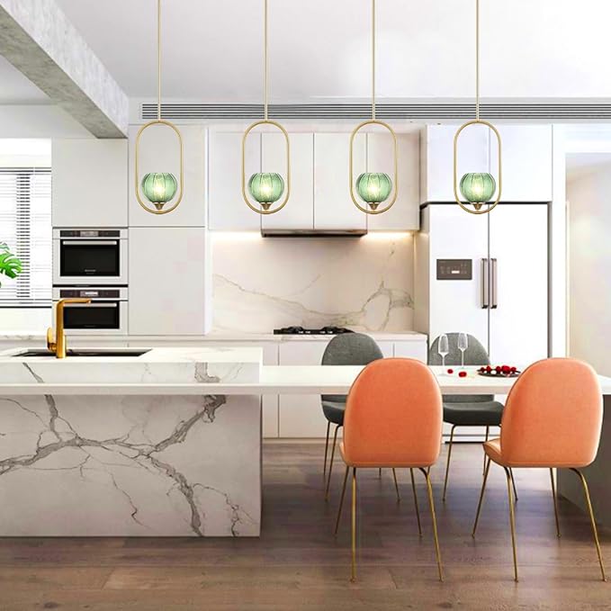 Modern Gold Globe Pendant Light with Green Glass Globe Lampshade Mid Century Chandelier 1-Light Brushed Brass Ceiling Hanging Lighting Fixture for Kitchen Island Dining Room Bedroom (2 Pack)