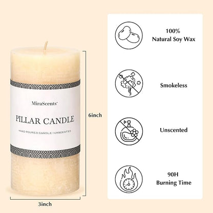 3x6 Inch Ivory Pillar Candles Set of 3 - Hand-Poured Unscented Candles, Long Clean Burning, Large Big Candles, Smokeless Dripless Candles for Dinner Table, Wedding, Home, Bathroom, Rustic Decor