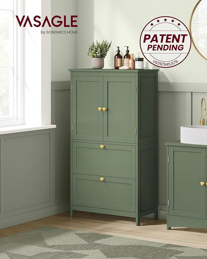 VASAGLE Bathroom Floor Storage Cabinet, Bathroom Storage Unit, Freestanding Cabinet with 2 Drawers and 2 Doors, Adjustable Shelf, 11.8 x 23.6 x 43.3 Inches, Forest Green UBBC551C01