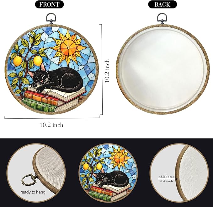Cute Cat Decor Cat Stuff Accessories Book Lovers Gifts Reading Gifts Framed Round Wall Decor Canvas Wall Art Hanging Prints Artwork for Home Door Bedroom Living Room Decorations 10.2X10.2 Inch