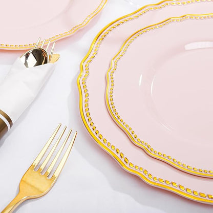 Hioasis 175pcs Pink and Gold Plastic Plates - Pink Plastic Dinnerware Set Includes 25 Dinner Plates, 25 Dessert Dinnerware, 25 Cups, 25 Napkins Perfect for Wedding & Party