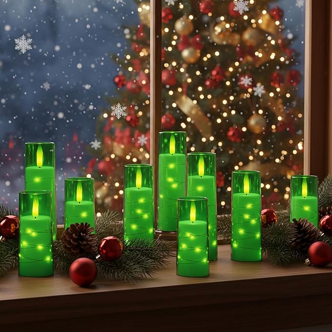 Raycare Flameless Candle with Remote Timer – 9 Flickering Acrylic Battery Operated LED Pillar Candles with Embedded Star String for Christmas, Home Decor, and as a Gift(Green)