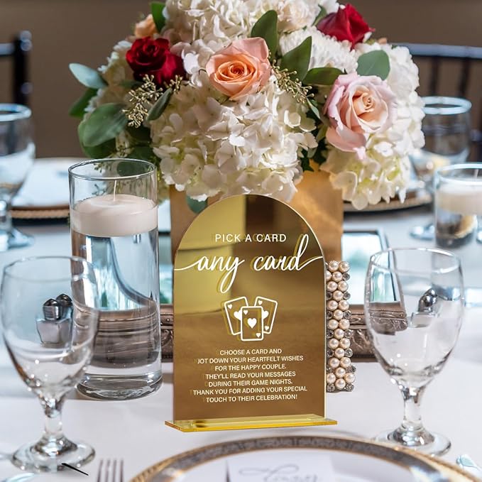 Acrylic Wedding Sign, Bridal Shower Decorations, Pick A Card Sign for Ceremony, Modern Font Table Signs, Gold Mirror Arched Acrylic Tabletop Signs for Wedding Reception and Event Party