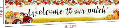 Welcome to Our Patch Large Banner Happy Fall Banner,Autumn Harvest Pumpkin Maple Leaf Flag Holiday Party Canvas Header Polyester Outdoor Decor with 4 Brass Grommets 8.2x1.64 Ft