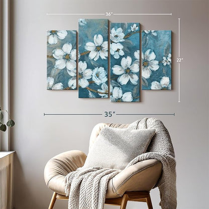 ElephantStock Blossoms Of Evening Wall Art - Horizontal Canvas - 4-Piece Living Room Wall Decor - Blossom Painting Canvas Print - Blue and Gray Decor for Wall by Carol Robinson - 36" X 22"