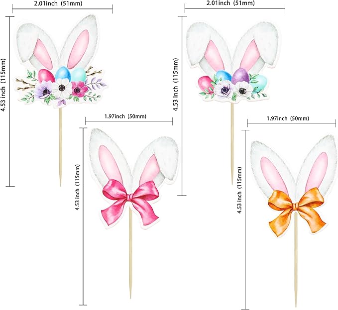 Ephlyn 36Pcs Happy Easter Cupcake Toppers - Rabbit Ear Cupcake Picks & Day Theme Baby Shower Kids Birthday Party Cake Decorations