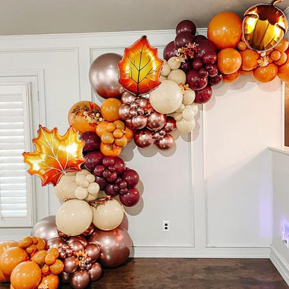 123Pcs Fall Balloon Garland Arch Kit, Burgundy, Orange, Nude, Metallic Rose Gold Balloons with Leaf Chestnut Balloons, for Autumn Thanksgiving Balloon Arch, Baby Shower Party Decorations