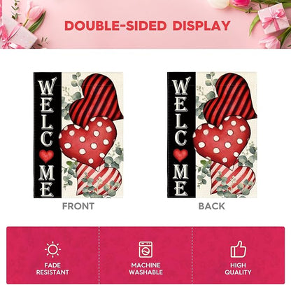 AVOIN colorlife Valentines Day Welcome House Flag 28x40 Inch Outside Double Sided, Anniversary Love Heart Rustic Yard Outdoor Decoration
