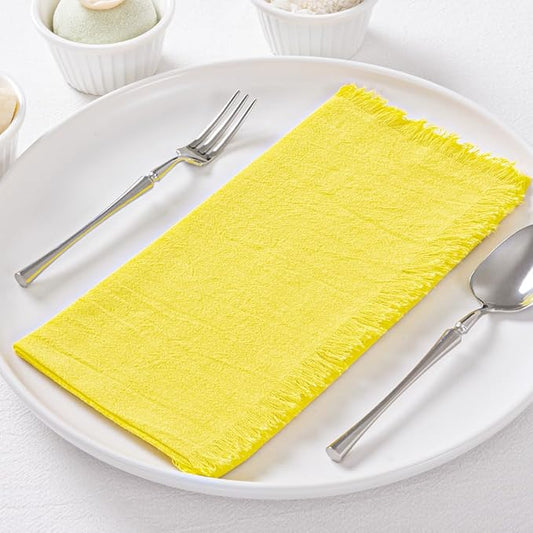 12 Pack Lemon Yellow Cotton Linen Napkins with Fringe Christmas Cloth Napkins Set of 12 Boho Handmade Holiday Napkins Bulk for Wedding Baby Shower Xmas Dinner Table Parties, 17 x 17 Inches