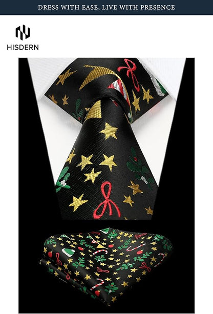 HISDERN Men's Suit Vest Christmas Holiday Season Party Jacquard Waistcoats Necktie Pocket Square Vest Suit Set