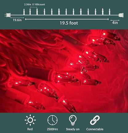 Christmas Lights 100 Count Red Christmas Tree String Lights with White Wire for Outdoor Indoor Christmas Decorations Wedding Decorations Valentines Day Decor,UL Certified (21feet)