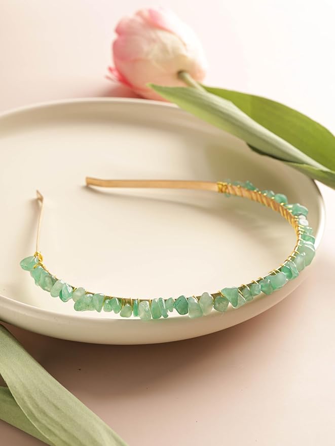 MINACHI Green Aventurine Hairband – Handmade Boho Bridal Accessories with Gold-tone Wire Wrap for Women
