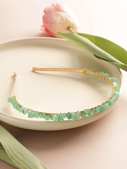 MINACHI Green Aventurine Hairband – Handmade Boho Bridal Accessories with Gold-tone Wire Wrap for Women