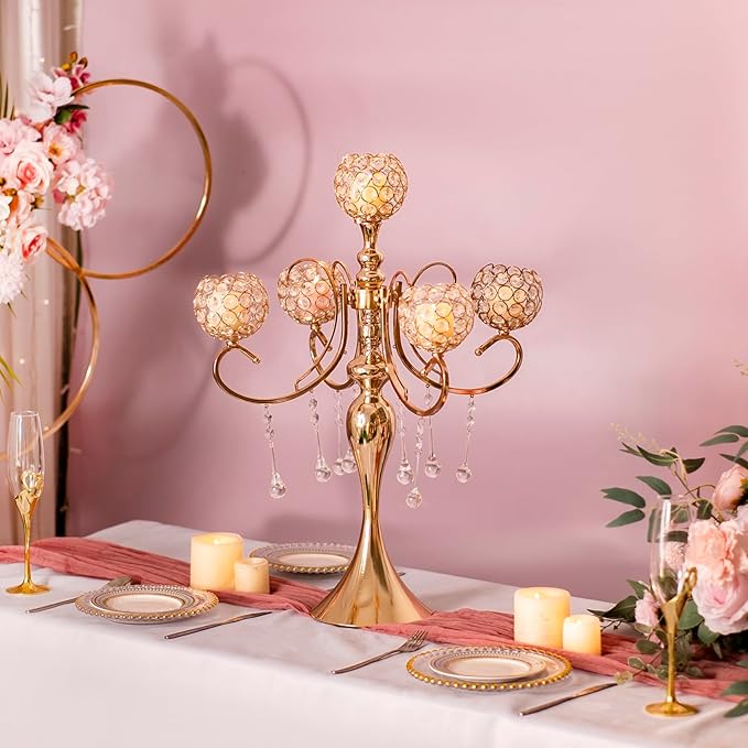 Gold Centerpiece for Table, 25.6in Candle Holder for Table Centerpieces, 5Arms Tall Crystal Candelabra Candle Holder, Candelabra Centerpieces for Table Wedding Christmas Party Event