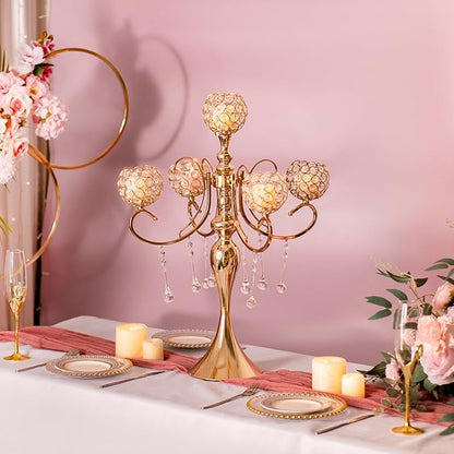 Gold Centerpiece for Table, 25.6in Candle Holder for Table Centerpieces, 5Arms Tall Crystal Candelabra Candle Holder, Candelabra Centerpieces for Table Wedding Christmas Party Event