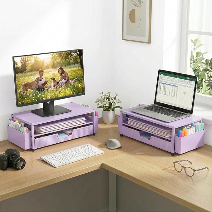 Desk Organizer and Accessories, 2-Tier Computer Monitor Stand Rise with Storage Drawer & 2 Pen Holders, Laptop & Printer Stand for Desktop, Workspace Organizers for Office Supplies (Purple)