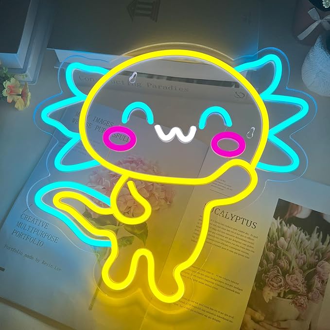 Axolotl Neon Sign, LED Anime Neon Signs, Kawaii Sign Light Present for Wall Decor, Dimmable/USB Powered Axolotl Neon Light for Children Room Dorm Decor Girls Birthday Party Christmas