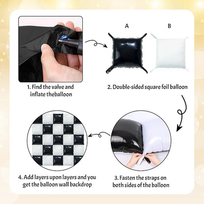 Black and White Square Foil Balloon Wall, 25 PCS Double Sided Checkered Balloons Flat Square Balloon Backdrop for Checkerboard Racing Themed Birthday Party Background Decoration