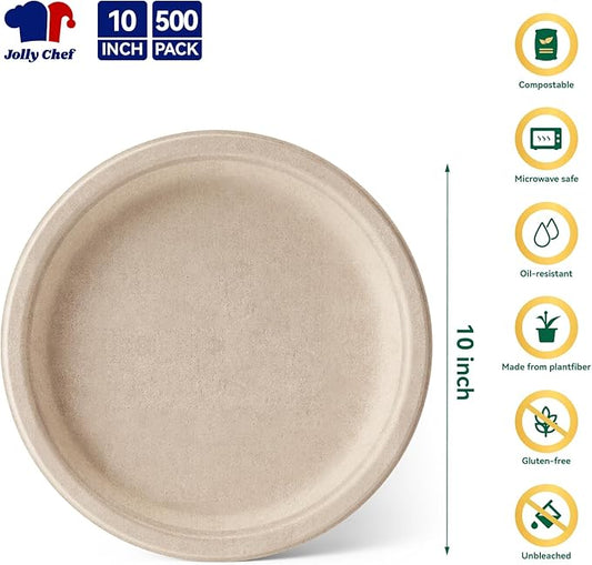 JOLLY CHEF Compostable Heavy Duty Plates 𝟭𝟬 𝗜𝗻𝗰𝗵 [𝟱𝟬𝟬 𝗣𝗮𝗰𝗸] Eco-Friendly Disposable Paper Plates Made of Bagasse Biodegradable Bulk for Party Dinner Sugarcane Lunch Christmas (Natural)