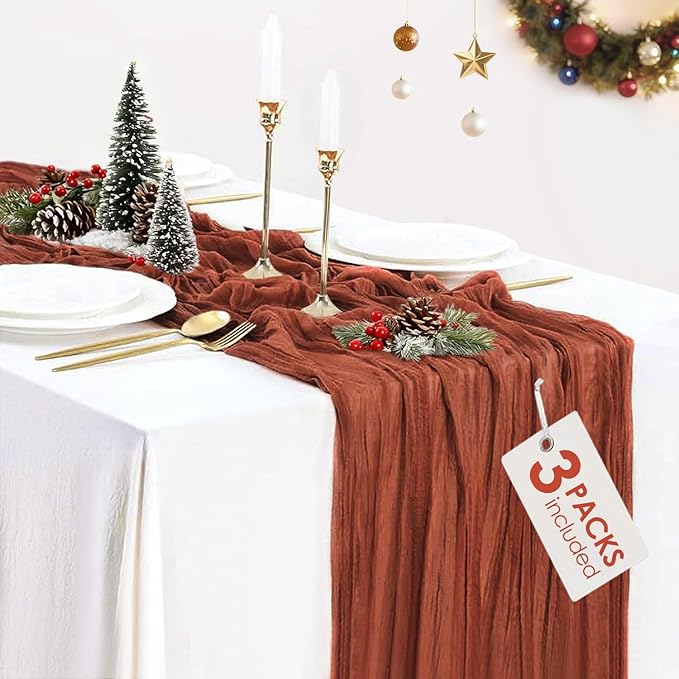 3 Pack Christmas Table Runner Terracotta Cheesecloth Table Runners Thanksgiving 10FT Rustic Burnt Orange Gauze Table Runner Cheese Cloth for Wedding Bridal Baby Shower Home Decor Holiday Decorations