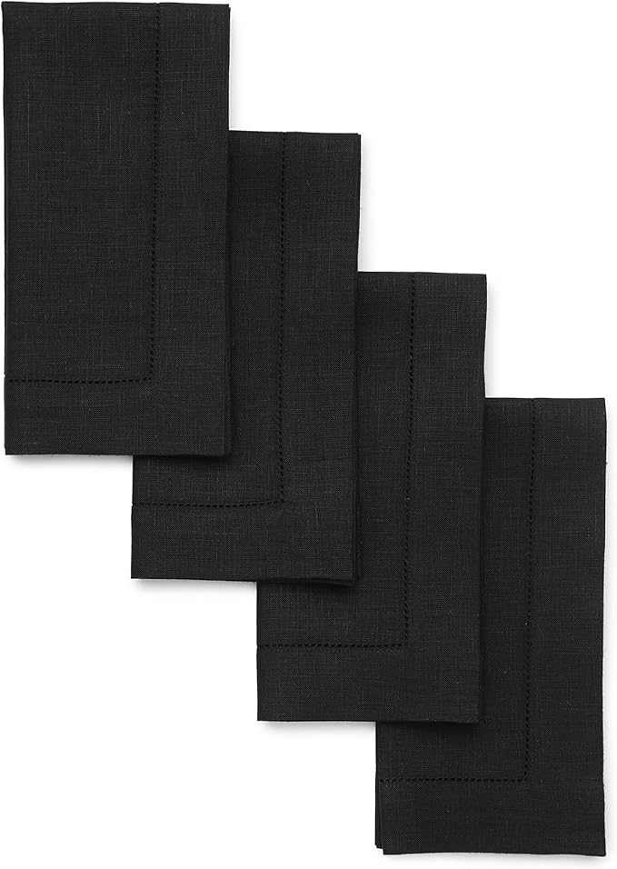 Solino Home Black Linen Napkins Set of 4-100% Pure Linen Hemstitch Dinner Napkins 20 x 20 Inch for Fall, Autumn, Winter, Christmas, Holiday, New Year - Classic Hemstitch