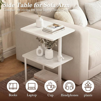 360° Swivel Side Table for Height Adjustable, C Shaped End Table for Couch with Storage, 3-Tier Night Stand with Open Shelf, Tv Tray for Small Spaces, Living Room, Bedroom, White