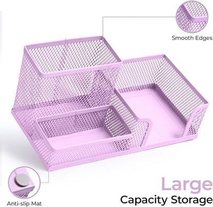 M&G Mesh Pen Holder Desk Organizers Pencil Holder for Desk Purple, 3 Compartments Metal Office Supply Organizer with Sticky Notes Holder for Home Office