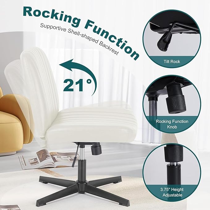OLIXIS Criss Cross Legged Chairs Armless No Wheels Wide Seat Height Adjustable Swivel Padded PU Leather Home Office Desk Seating for Bedroom, Student, Study Room