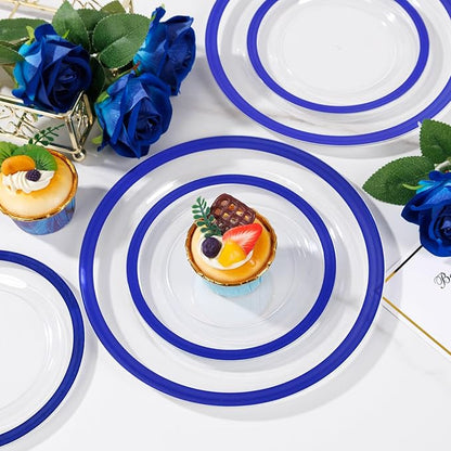 Liacere 350PCS Blue Plastic Plates - Clear with Blue Trim for 50Guests Dinnerware Include 100 Clear Plates disposable 150 Silverware 50Napkins for Wedding＆Back to School＆Labor Day&New Year