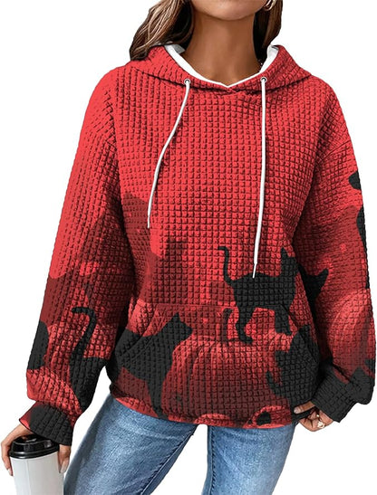 Halloween Sweatshirts for Women Novelty Graphic Drawstring Waffle Hoodies Loose Casual Pullover Tops with Pocket