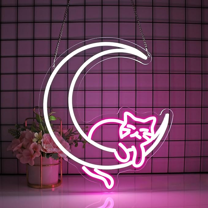 Moon Cat Neon Sign, JGHTURIE Pink Neon Signs for Wall Decor Cute Animal Light Up Sign Game Room Bar Party Led Signs for Man Cave Kids Decor USB Powered
