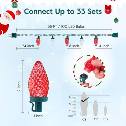 Brightown C9 LED Christmas Lights Outdoor, 66 ft 100 LED Strawberry String Lights, Waterproof Commercial Grade Extendable for Outside Roofline Patio Home Xmas Decoration, Red and White