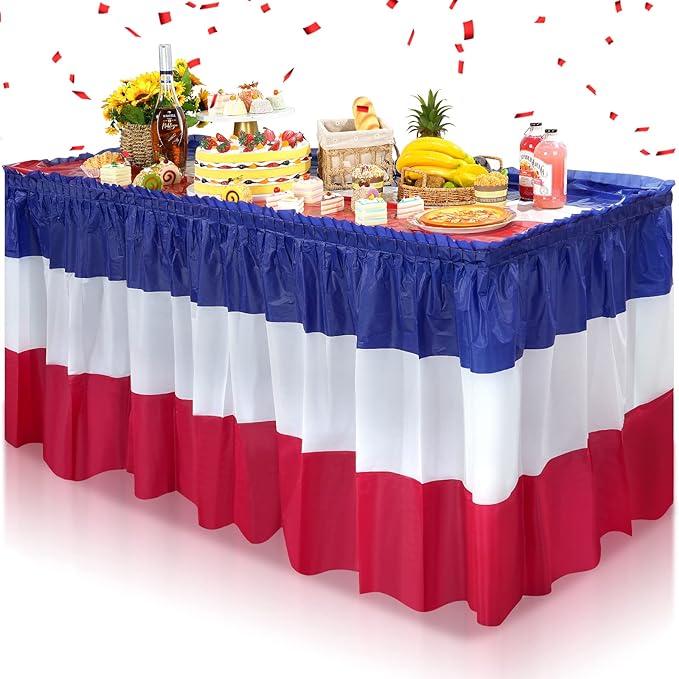 1 Pack 4th of July Plastic Table Skirts Decorations, Red White and Blue Patriotic Disposable Table Skirts, Fourth of July Table Party Decorations for Independence Memorial Veterans Day, 2.4 x 14 Ft