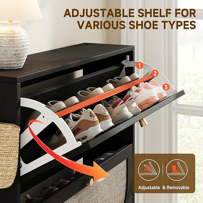 Nicetree Rattan Arched Accent Shoe Cabinet - Freestanding Ultra Slim for Entryway, 2 Flip Drawers & 3-Tier Adjustable Shelves, Farmhouse Modern Rustic Shoe Rack for Hallway Foyer, Black
