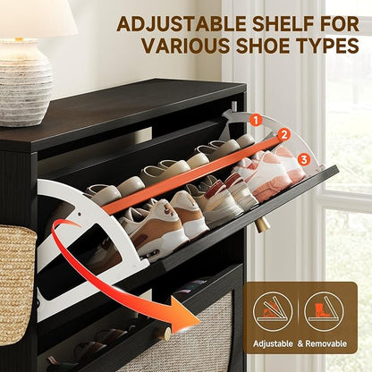 Nicetree Rattan Arched Accent Shoe Cabinet - Freestanding Ultra Slim for Entryway, 2 Flip Drawers & 3-Tier Adjustable Shelves, Farmhouse Modern Rustic Shoe Rack for Hallway Foyer, Black
