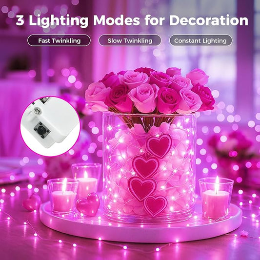 litogo 30 Pack 7FT 20 LED Fairy Lights Battery Operated, 3 Lighting Modes, Bulk Mini Twinkle String Lights Waterproof Silver Wire for Weddings Mason Jars Party Christmas Decorations-Pink