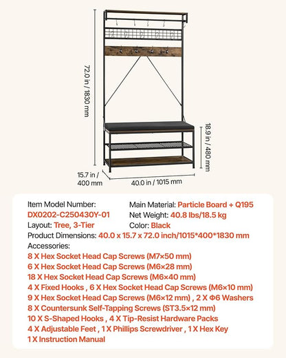 VEVOR Hall Tree with Bench and Shoe Storage, 2 Tier Entryway Bench with Coat Rack, Shoe Rack Storage Organizer with Soft Cushion, Hooks and Hanging Rod for Entryway, Hallway