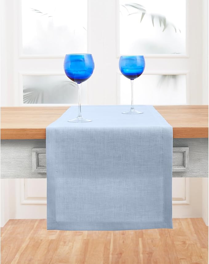 Solino Home Linen Sky Blue Table Runner 48 Inches - 100% Pure Linen Short Table Runner 14 x 48 Inch Ideal for Dresser and Coffee Tables - Fete - Christmas, Holiday, New Year