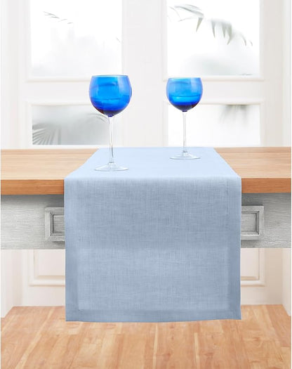 Solino Home Linen Sky Blue Table Runner 48 Inches - 100% Pure Linen Short Table Runner 14 x 48 Inch Ideal for Dresser and Coffee Tables - Fete - Christmas, Holiday, New Year