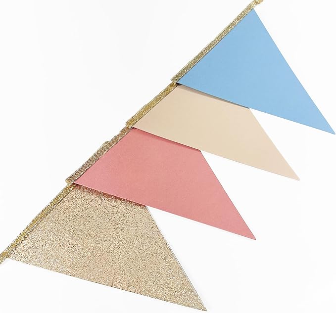 Dusty Rose Pink and Blue Beige Champagne Gold Party Decorations Pennant Banner Flag Hanging Paper Triangle Bunting for Retro Gender Reveal Baby Shower Birthday Bridal Shower Wedding Party Supplies