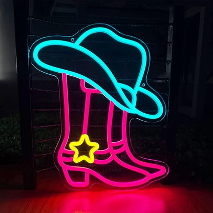 Cowboy Boot Neon Sign, Neon Cowboy Hat Sign,LED Pink Western Cowgirl Boots Neon Lights Sign for Wall Decor, Cowboy Hats Neon Light Up Signs USB Powered for Bedroom Art, Game Room Party, Birthday Party, Christmas