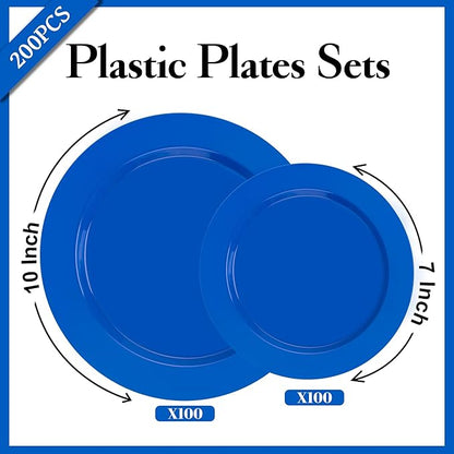 I00000 200 Pcs Hanukkah Plastic Plates, Hanukkah Plates Disposable Blue Party Plates Include 100 Blue Dinner Plate 10’’ and 100 Plastic Dessert Plate 7’’ Perfect for Hanukkah, Party