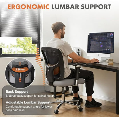 Sweetcrispy Big and Tall Office Desk Chair with Lumbar Support, 500lbs Heavy Duty Mesh Ergonomic Computer Chair with 4D Armrest and Wide Comfy Seat, Wheels for Adult, Grey