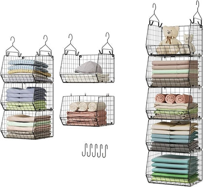 5 Tier Closet Hanging Organizer, Clothes Hanging Shelves with 4 Hanging Hooks 5 S Hooks, Wire Storage Basket Bins, for Clothing Sweaters Shoes Handbags Clutches Accessories Patent Design
