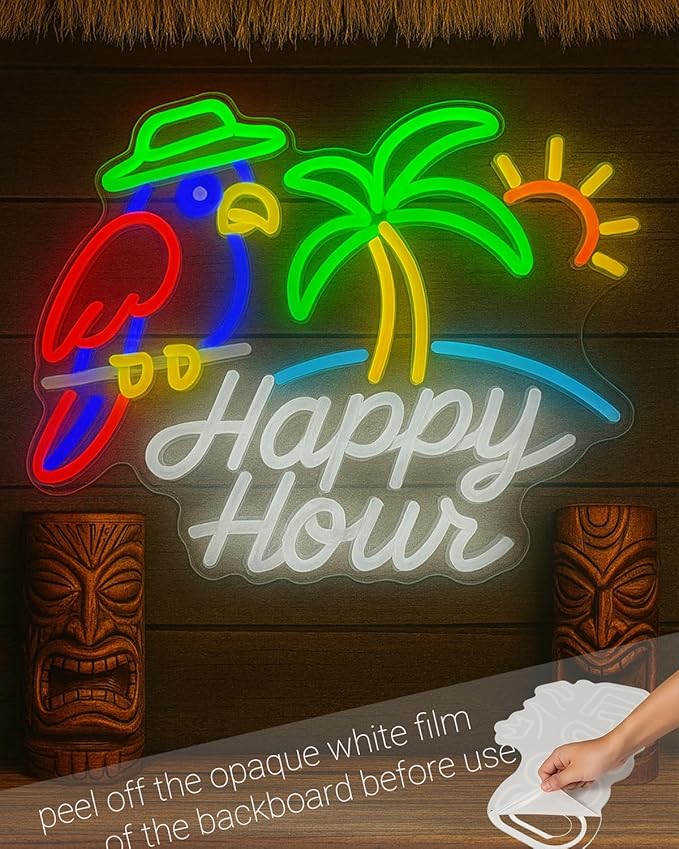 Happy Hour Dimmable Neon Sign 15.7”×12.6” with Parrot, Palm Tree & Sun, Tropical LED Wall Light for Tiki Bar, Home Bar, Beach Party Decor, USB Powered