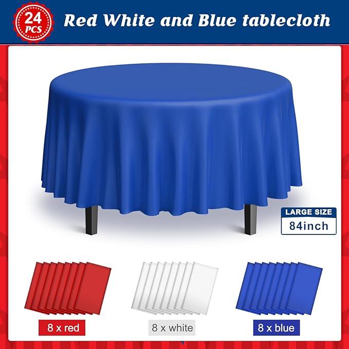 MASHAN 24 Pack 4th of July Plastic Tablecloth, Red White and Blue Patriotic Disposable Tablecloth, Waterproof Round Table Cover for Patriotic Independence Day Memorial Day Party Decorations, 84 Inch