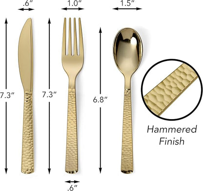 Perfect Settings 150 PCS Gold Plastic Silverware Set Heavy Duty Premium - Gold Plastic Cutlery Set Hammered Pebbled Finish - 50 Forks, 50 Knives, 50 Spoons Utensil Set
