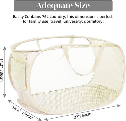 Durable Collapsible Laundry Baskets, Mesh Pop Up Laundry Hamper with Side Pocket, Foldable Clothes Storage Hamper with Reinforced Carry Handles for Laundry, Bathroom, Kids Room, Dorm or Travel Beige