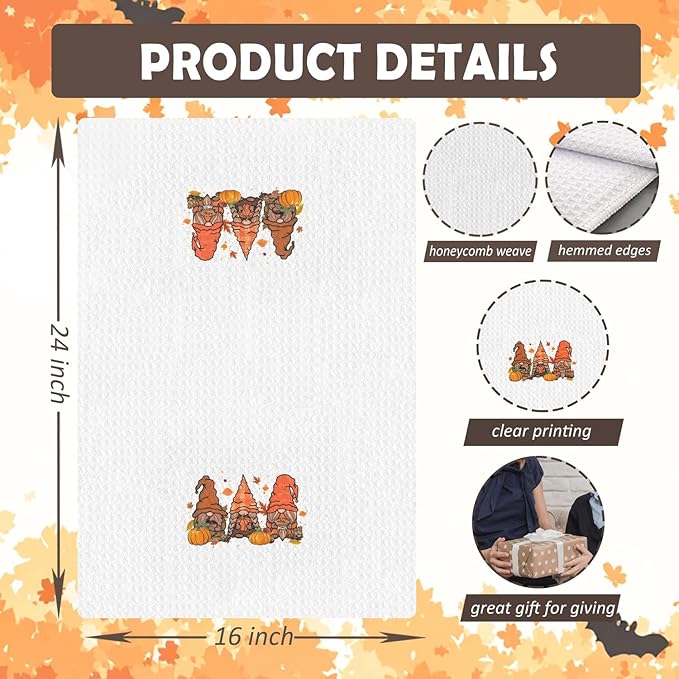 Fall Gnome Kitchen Towels, Autumn Pumpkin Gnome Dish Tea Towels for Kitchen Decor, Rustic Farmhouse Fall Thanksgiving Decorative Hand Towel for Bathroom, 16x24 Inches